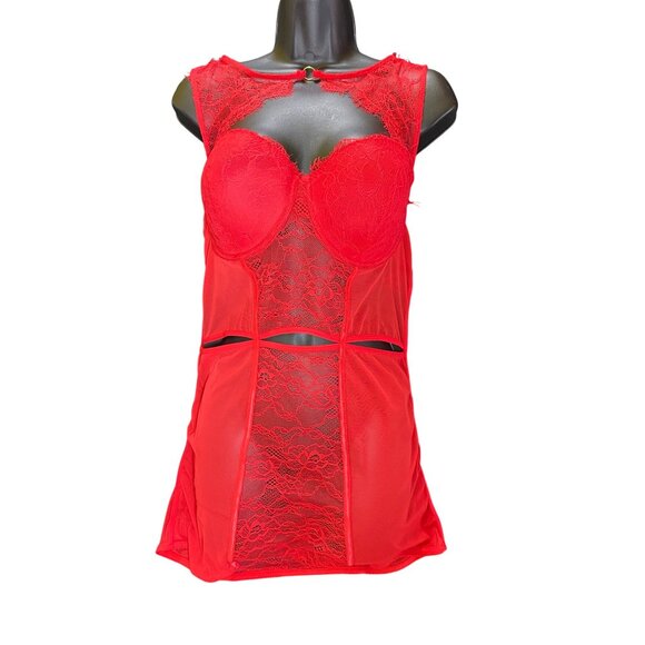Sexy Red Lace Sheer Babydoll Lingerie‎ Dress Cutout  XL Sheer Stripper Hot  Goth - Picture 1 of 6